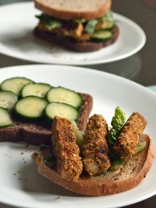 fried tofu stick sandwich with cucumbers