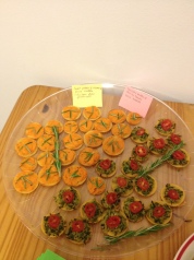 Zucchini butter & sweet potato tartlets, with adorable little placards made by Althea
