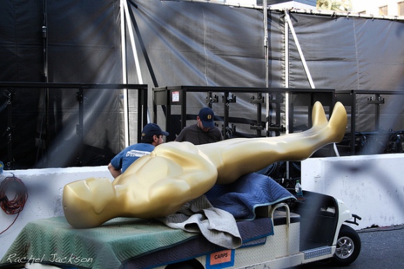 large gold Oscars/Academy Awards statue on truck